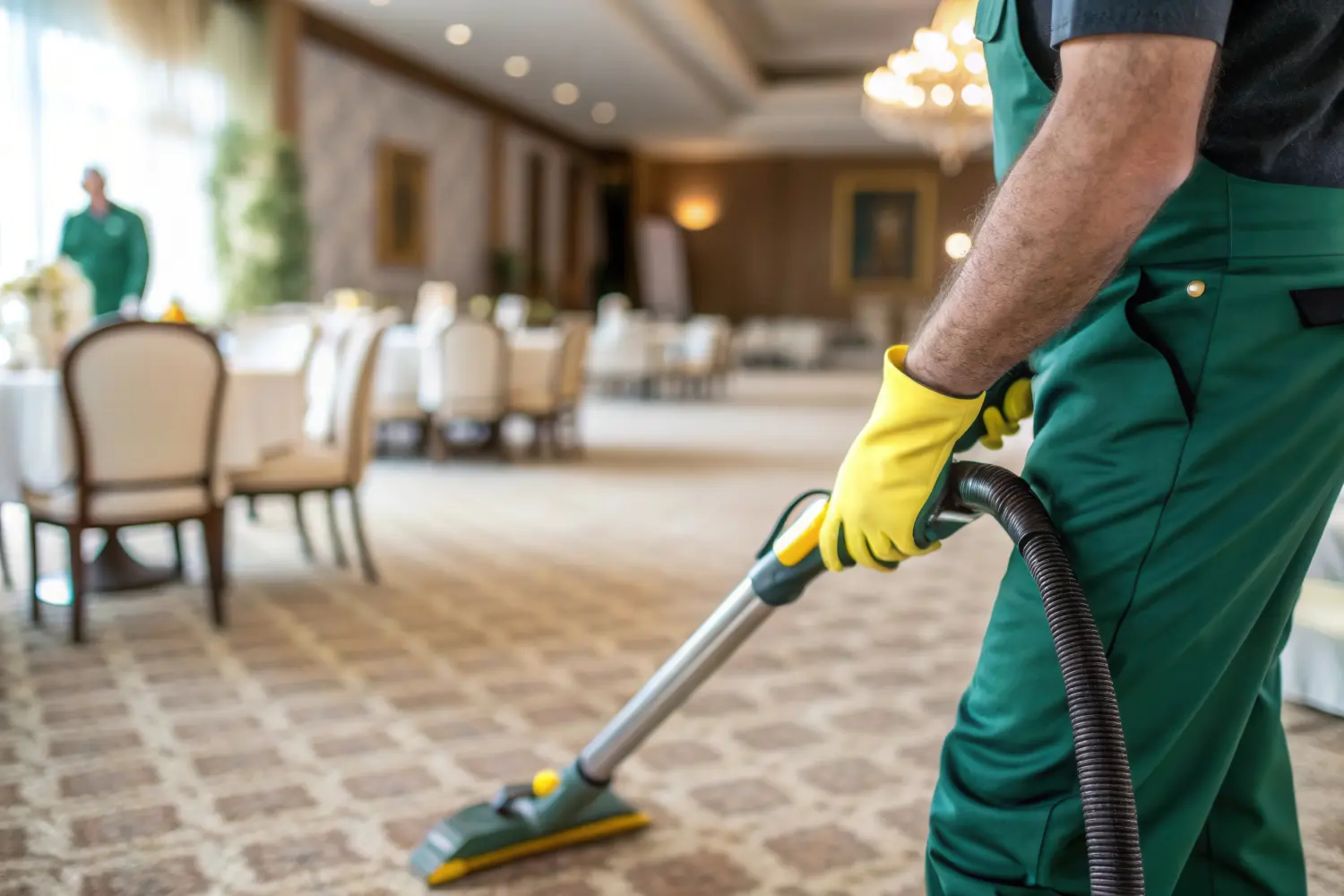 Das Reinigungspersonal saugt den Teppich in einem geräumigen Bankettsaal und sorgt dafür, dass der Raum makellos bleibt. Die Tische sind für eine Veranstaltung gedeckt und strahlen eine elegante Atmosphäre und Liebe zum Detail aus.