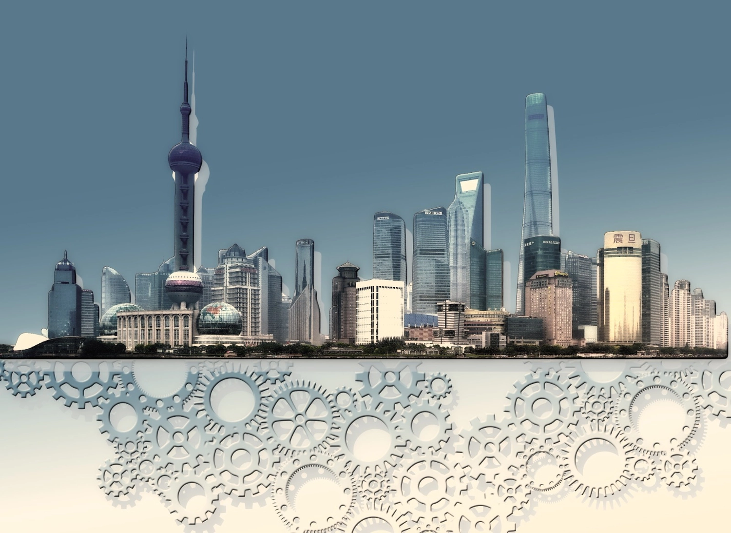 Splinta Clean GmbH – Gebäudereinigung – Diese digitale Illustration zeigt die Skyline von Shanghai und ein Zahnradgetriebe.